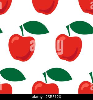 Seamless pattern with red ripe apples and leaves on a white background. Vector illustration in Doodle style. Vector illustration Stock Vector