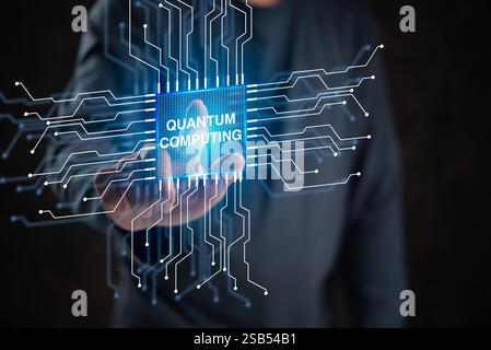 Hand Touching Quantum Technology AI Artificial Intelligence, Digital Development, Computers and Internet, Modern Future Network Data Stock Photo