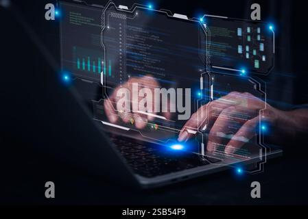 Hands typing on laptop with programming code on screen, software development. coding, IT solutions, digital technology, web applications javascript on Stock Photo