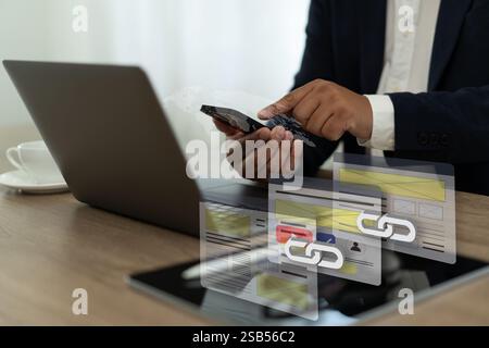 A person is typing on a laptop with a link to a website displayed on the screen. Backlinks Technology Online Web Businessman Stock Photo