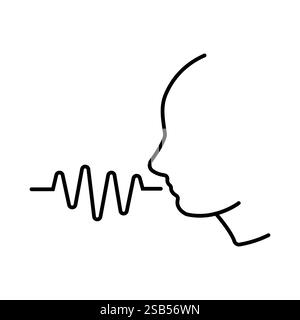 A minimalist outline of a human profile shows sound waves emerging from the mouth, symbolizing speech or communication. The clean lines emphasize clar Stock Vector