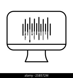 A minimalist design featuring a computer monitor with stylized sound waves displayed on its screen, highlighting the concept of audio visualization in Stock Vector