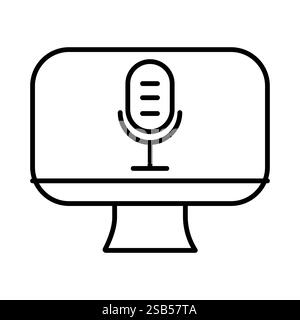 A simple line drawing of a computer monitor screen with a microphone icon in the center. Stock Vector