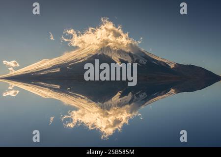 Mount Fuji reflection on the lake Yamanakako Stock Photo