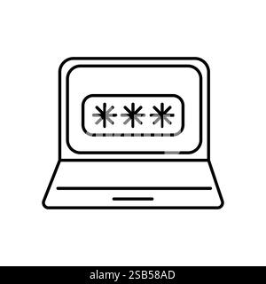 A laptop is depicted showing a password entry screen with asterisks to indicate hidden characters, symbolizing digital security and user authenticatio Stock Vector