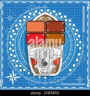 Cargo ship on a blue background. View from above. Vector illustration. Stock Vector