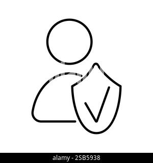A simple line drawing of a person holding a shield with a checkmark inside. Stock Vector