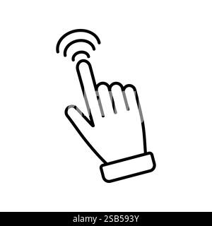 A hand is shown pressing on a surface, with waves emanating from the fingertip, indicating a touch interaction in a digital environment. Stock Vector