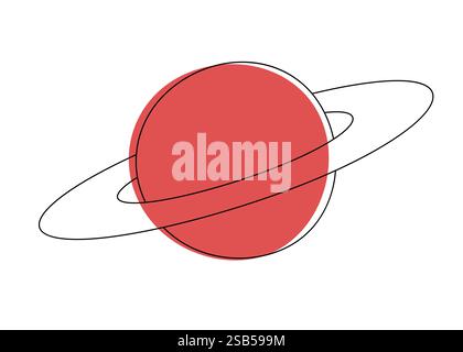 A drawing of a red planet with a thin ring encircling it in space. Stock Vector