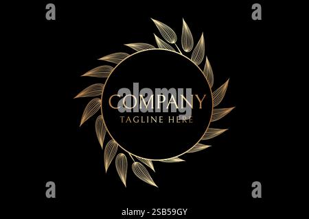 Gold Round Circle Foliage Leaves Badge Logo Design or Frame Element Stock Vector