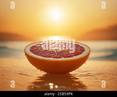Cut grapefruit, fruit, macro, portrait. Fresh grapefruit with water drops. Grapefruit with water drops in the backlight of the sun. Stock Photo