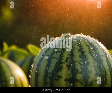 Watermelon, fruit, macro, portrait. Fresh watermelon with water drops. Watermelon with water drops in the backlight of the sun. Stock Photo