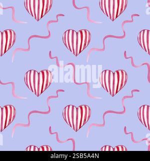 Charming pattern of striped pink hearts, arranged in a repeating design. Watercolor technique enhances the gentle and romantic feel, for Valentine Day Stock Photo