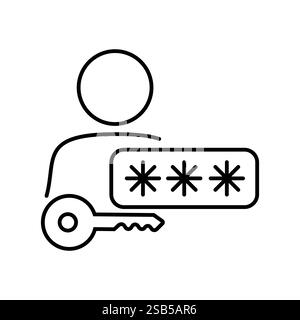 A minimalist depiction of a person next to a password representation and a key, conveying themes of security and access management essential for onlin Stock Vector