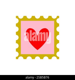 A vibrant heart stamp design displays a prominent red heart centered on a soft pink square with scalloped edges, evoking a playful and loving vibe. Stock Vector