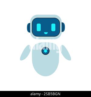 A white robot with blue eyes and a happy expression stands on a white background. Stock Vector