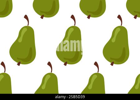 This image features a seamless pattern of green pears on a white background. The pears are drawn in a simple, cartoon style, and they are arranged in Stock Vector
