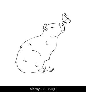 A simple line drawing of a capybara sitting and looking at a butterfly. The capybara is facing to the right and the butterfly is in front of its nose. Stock Vector