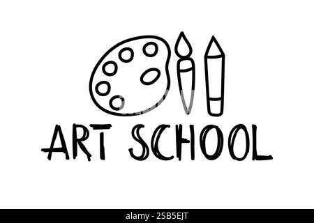 Concept of education. School background with hand drawn school supplies and comic speech with Art School lettering in cartoon style on white. Vector i Stock Vector
