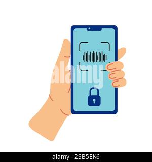 A hand holds a smartphone with a fingerprint scanner and a lock icon displayed on the screen. Stock Vector