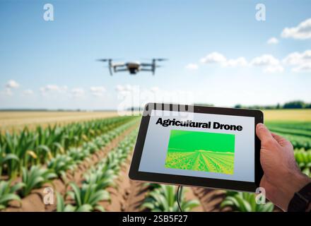 Farmer using drone and tablet for precision agriculture in crop field Stock Photo