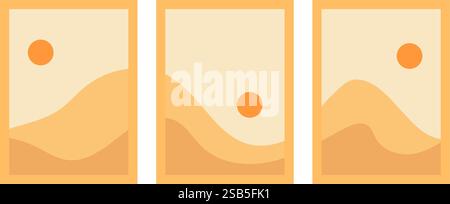 Three framed illustrations show minimalist landscapes with orange suns above gentle sand dunes, creating a serene and tranquil atmosphere. Stock Vector