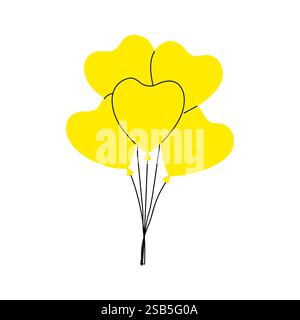 Five yellow heart-shaped balloons are tied together with black strings. Vector illustration Stock Vector