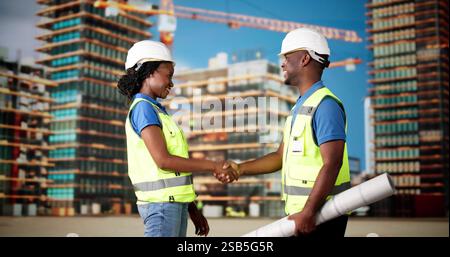Construction Site Worker Hand Shake. Engineer Handshake Stock Photo