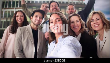 Corporate Event: Multiracial Business Team Taking Selfie at Conference Gathering. Stock Photo