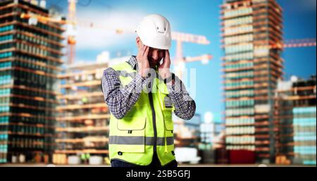 Upset Sad Construction Worker. Unhappy Foreman Contractor Stock Photo