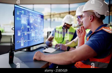 Diverse logistics operator managing cargo at shipping port with Scada Stock Photo