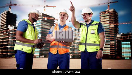 Diverse Group of Architects and Engineers Meeting on Construction Site. Stock Photo