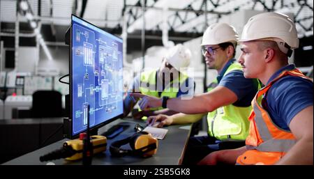 Diverse group of operators using SCADA system at modern factory. Stock Photo