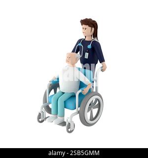 Senior character sitting on a wheelchair while female doctor pushing from behind, 3d render Stock Photo