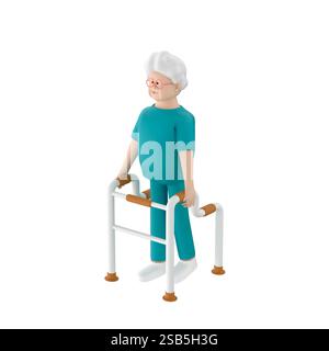 Old woman character in patient clothes walking using an uplift walker, 3d render Stock Photo