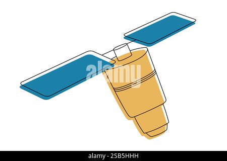 Artificial satelite in orbit around earth. Flat style. On white background. Thin line. Vector illustration Stock Vector