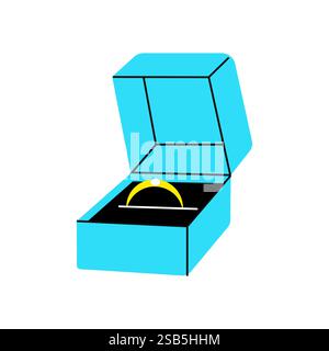 A gold ring with a single diamond sits inside an open blue box. Vector illustration Stock Vector
