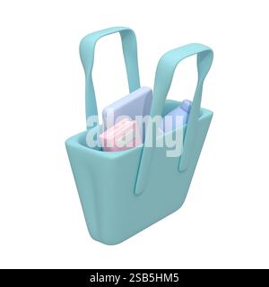 Tote bag with laptop, bottle, and closed book on white background. 3d render Stock Photo