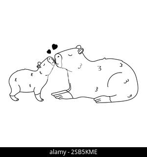 A line drawing of a mother capybara and her baby kissing. They are drawn in a simple, cute style with hearts above their heads. Stock Vector