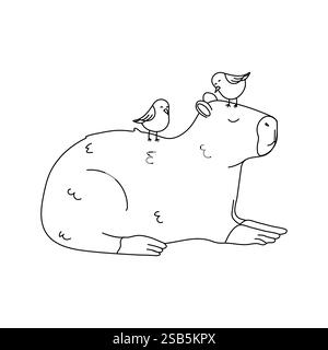 A simple line drawing of a capybara with two birds perched on its head and back. The capybara is lying down with its head resting on its paws. The bir Stock Vector