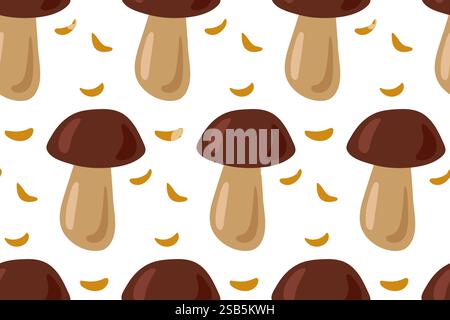 A repeating pattern of brown mushrooms with yellow petals on a white background. The mushrooms are drawn in a simple, cartoon style. Stock Vector