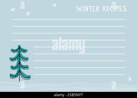 A winter recipe card design showcases a decorative tree on a light blue background, with lines for writing recipes and ingredients. Stock Vector