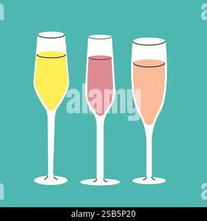 Three champagne flutes filled with yellow, pink, and peach liquids. Stock Vector