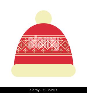 Cartoon Winter Hat Icon with Pompom and Snowflake Pattern Stock Vector