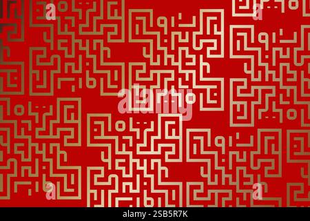 Intricate gold geometric pattern on vibrant red background creating a striking visual contrast Stock Vector