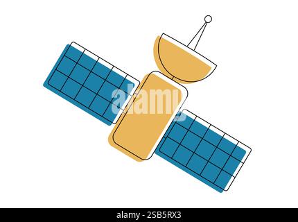 Artificial satelite in orbit around earth. Flat style. On white background. Thin line. Vector illustration Stock Vector