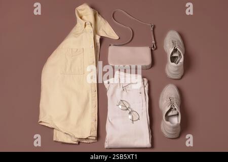 Stylish outfit with bag on mocha mousse shade background, flat lay ...