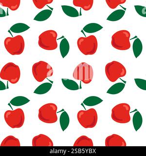 Seamless pattern with red ripe apples and leaves on a white background. Vector illustration in Doodle style. Vector illustration Stock Vector
