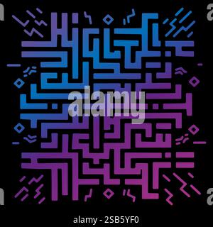 Colorful geometric maze design on a black background showcasing intricate patterns and lines Stock Vector