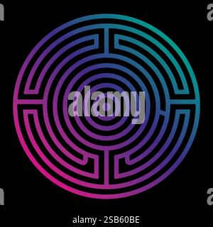 Intricate labyrinth design with vibrant colors in a circular pattern on a dark background Stock Vector